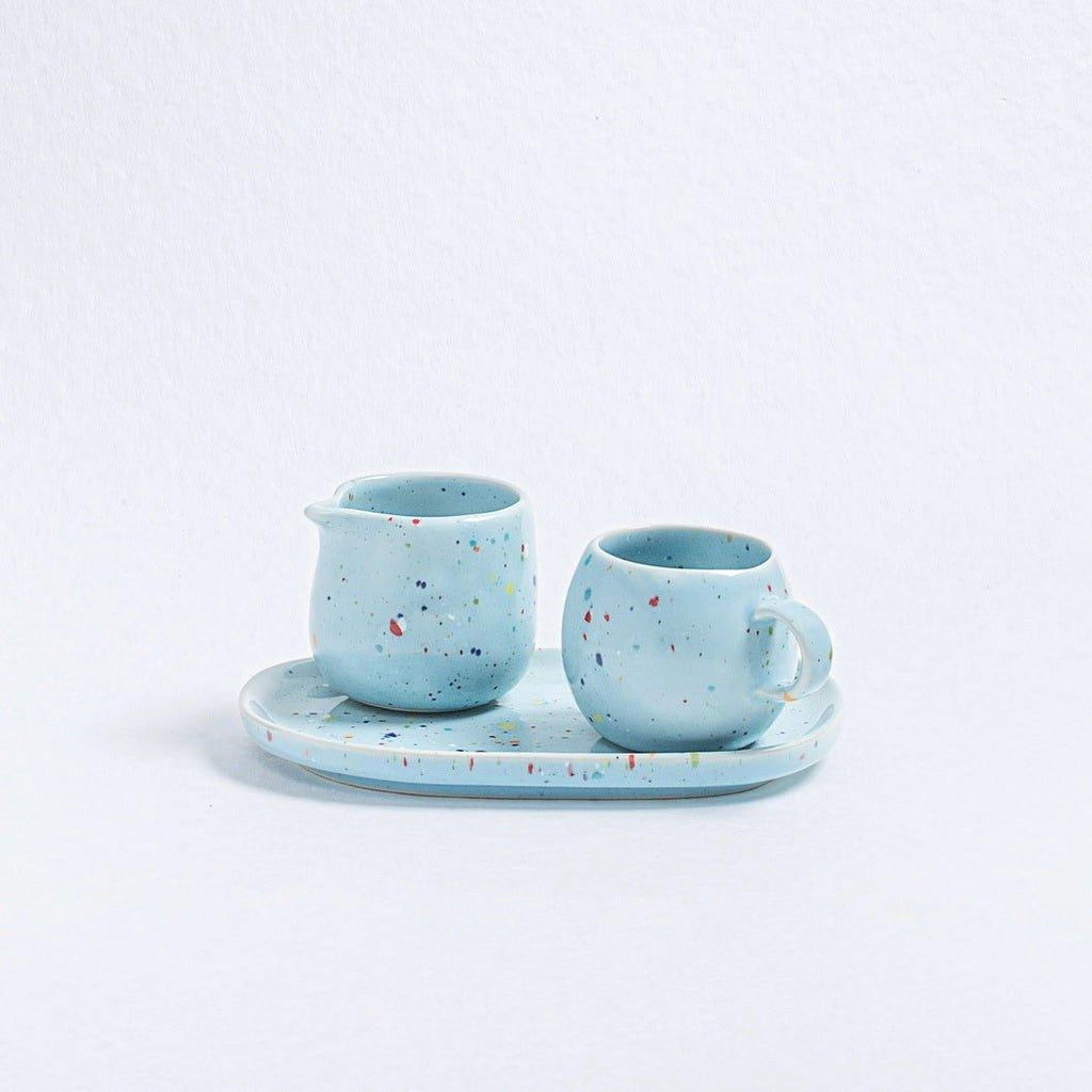Keramik Fad med Mælkekande - Egg Back Home - Party Blue Confetti sæt - no beige