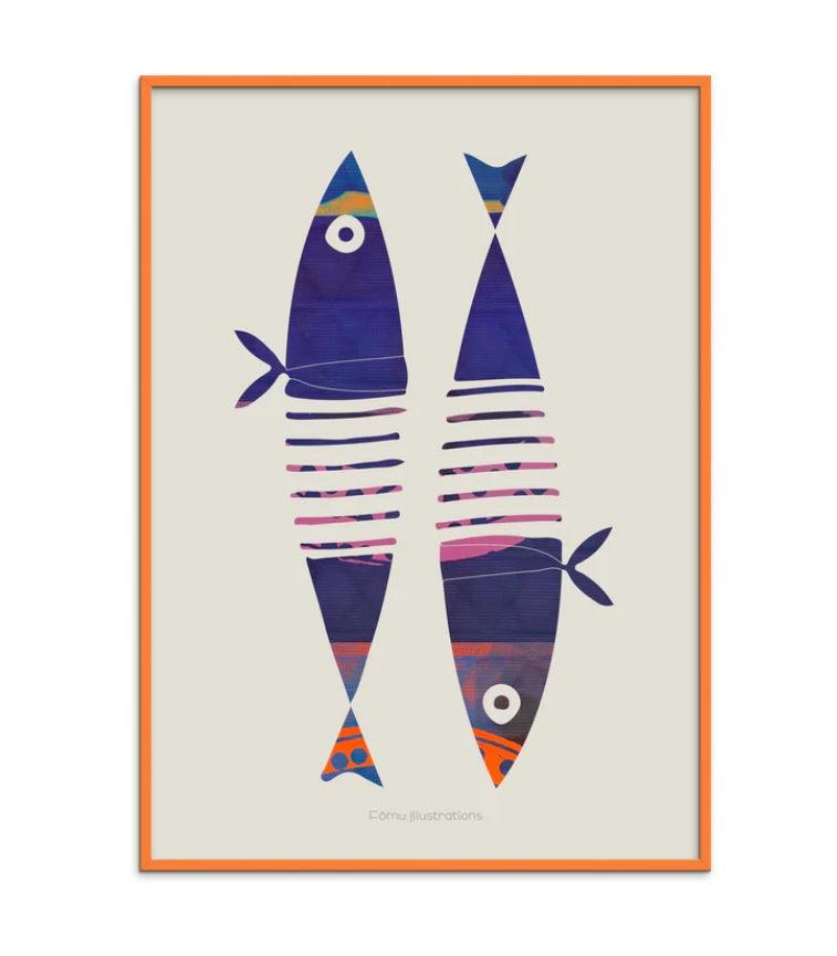 Plakat - Fōmu illustrations - Fishes, blue - no beige
