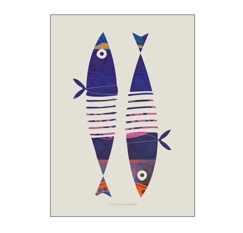 Plakat - Fōmu illustrations - Fishes, blue - no beige